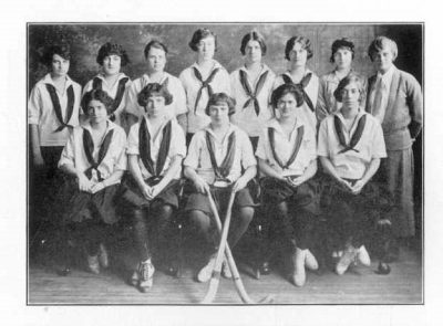 Women's varsity hockey team, Margaret Majer, standing at far right, 1924